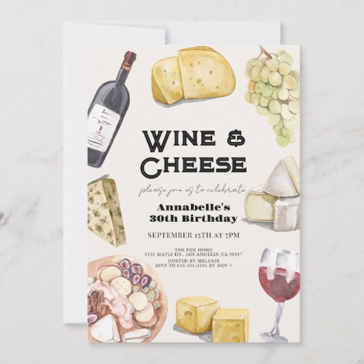 ワイン&チーズシャルキュテリージンガムアダルト誕生日 招待状 (正面)
