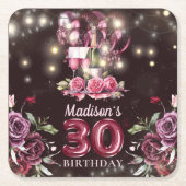 ワイン&バルーン30歳の誕生日パーソナライズされた スクエアペーパーコースター (正面)