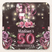 ワイン&バルーン50誕生日 パーソナライズされた スクエアペーパーコースター (正面)