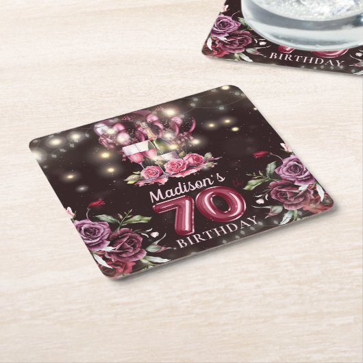 ワイン&バルーン70誕生日 パーソナライズされた スクエアペーパーコースター (アングル)