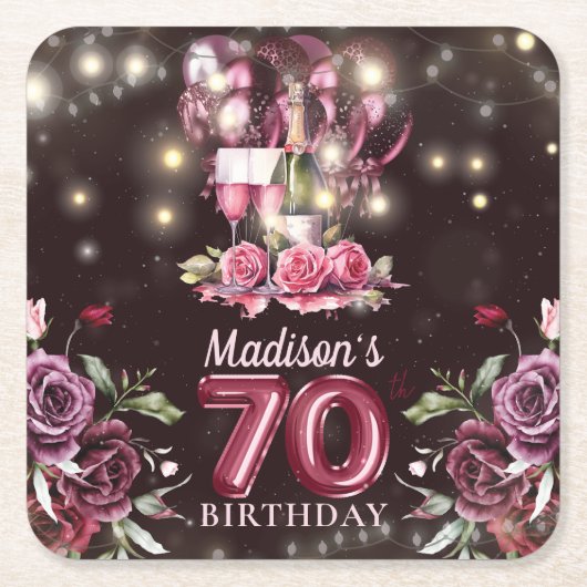 ワイン&バルーン70誕生日 パーソナライズされた スクエアペーパーコースター
