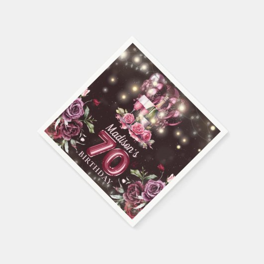 ワイン&バルーン70誕生日 パーソナライズされた スタンダードカクテルナプキン (角)