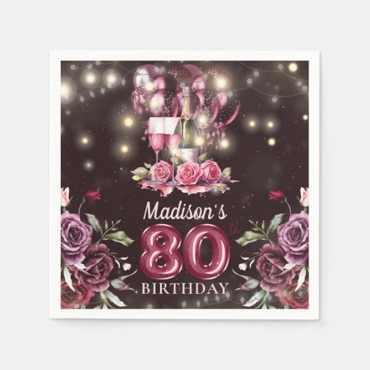 ワイン&バルーン80誕生日 パーソナライズされた スタンダードカクテルナプキン (正面)