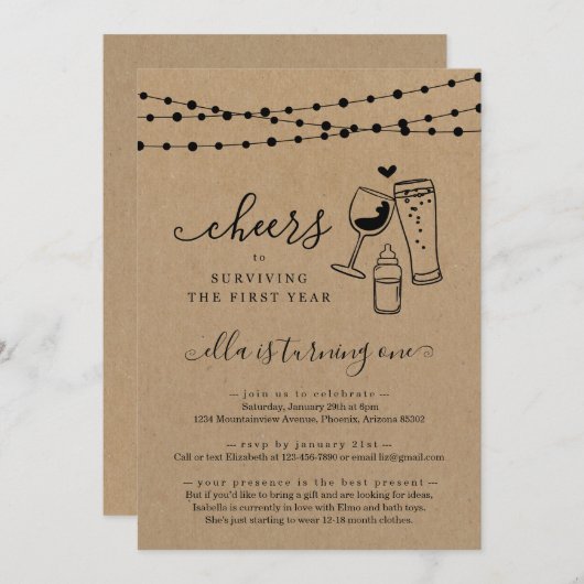 ワイン&ビールおもしろいの最初の誕生日パーティーの招待 招待状 (正面/裏面)