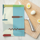 ワイン・ボトルおよびオープナのデザイン キッチンタオル (四つ折り)