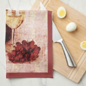 ワイン・ボトル、ブドウおよびワイングラス キッチンタオル (四つ折り)