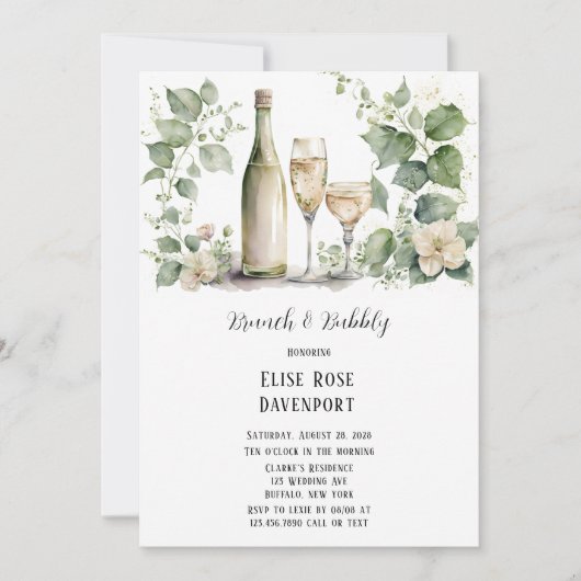 ワイン＆ワイングラス グリーン フラワー ブランシュ＆バブル 招待状 (正面)