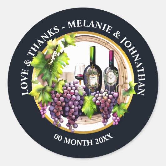ワイン 水彩画 葡萄 ボトル ガラス 丸い ワイナリー ラウンドシール (正面)