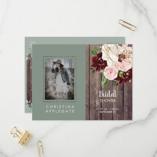 ワイン&赤面フローラセージ写真ブライダルシャワー インビテーションポストカード (正面/裏面インサイチュ)