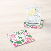 ワイ名門私立校風のゲーターワインピンクグリーンモノグラムホワイト スクエアペーパーコースター (インサイチュ)