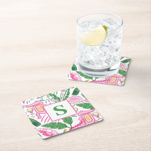 ワイ名門私立校風のゲーターワインピンクグリーンモノグラムホワイト スクエアペーパーコースター (インサイチュ)