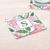 ワイ名門私立校風のゲーターワインピンクグリーンモノグラムホワイト スクエアペーパーコースター (アングル)