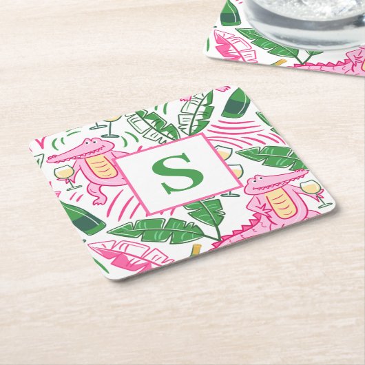 ワイ名門私立校風のゲーターワインピンクグリーンモノグラムホワイト スクエアペーパーコースター (アングル)