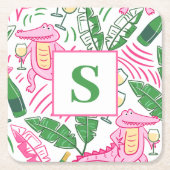 ワイ名門私立校風のゲーターワインピンクグリーンモノグラムホワイト スクエアペーパーコースター (正面)