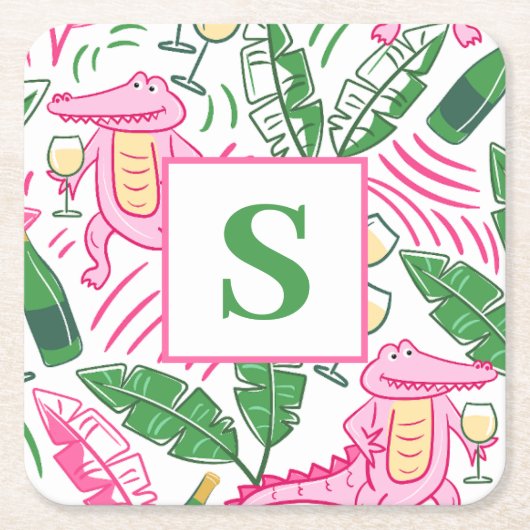 ワイ名門私立校風のゲーターワインピンクグリーンモノグラムホワイト スクエアペーパーコースター (正面)