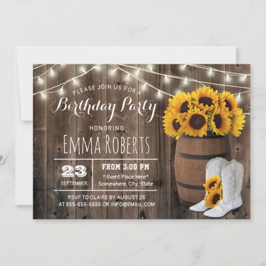 ワイ素朴ンバレルサンフラワー女性のカーボーイ誕生日 招待状 (正面)