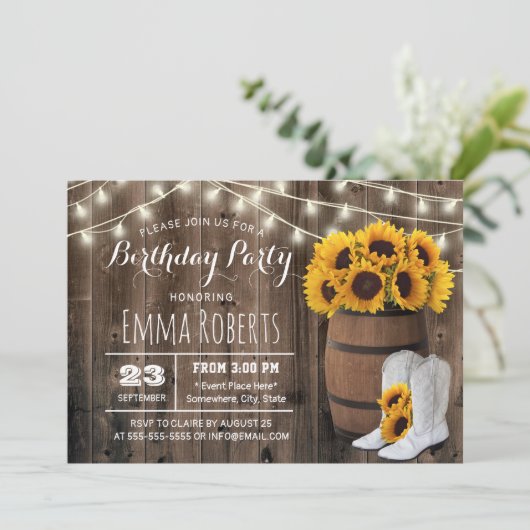 ワイ素朴ンバレルサンフラワー女性のカーボーイ誕生日 招待状 (スタンド正面)