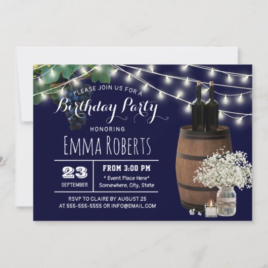 ワイ素朴ンバレルフローラジャーネイビーブルー誕生日 招待状 (正面)