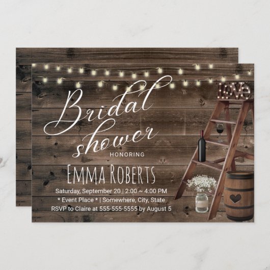 ワイ素朴ンバレル&木製はしごブライダルシャワー 招待状 (正面/裏面)