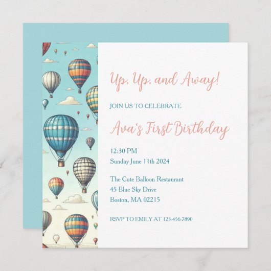 ワクワク誕生日!熱気球の誕生日 招待状 (正面/裏面)