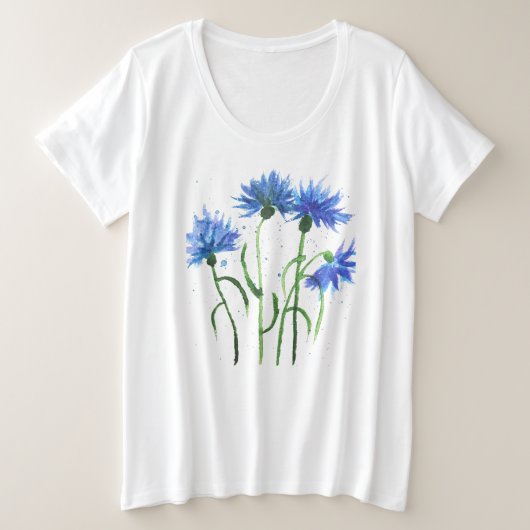 ワコギクの青い花 水彩画の素朴でかわいいデザイン プラスサイズTシャツ (デザイン正面)