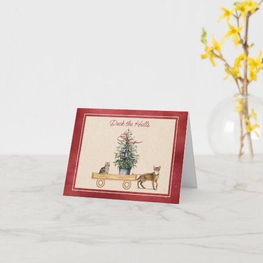 ワゴンおもしろいドホリデーカードを持つ猫 カード (黄色い花)