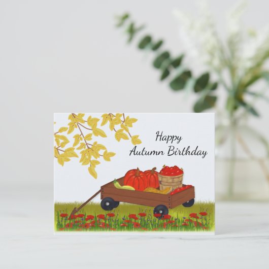 ワゴンの秋生産で満たされた秋の誕生日 ポストカード (スタンド正面)