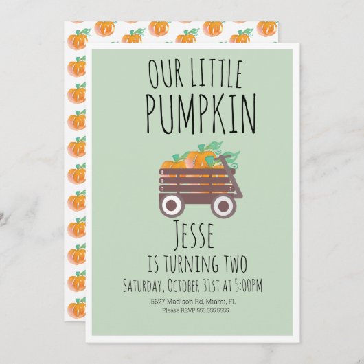 ワゴンモダンウォーター色リトルハロウィーンカボチャ 招待状 (正面/裏面)