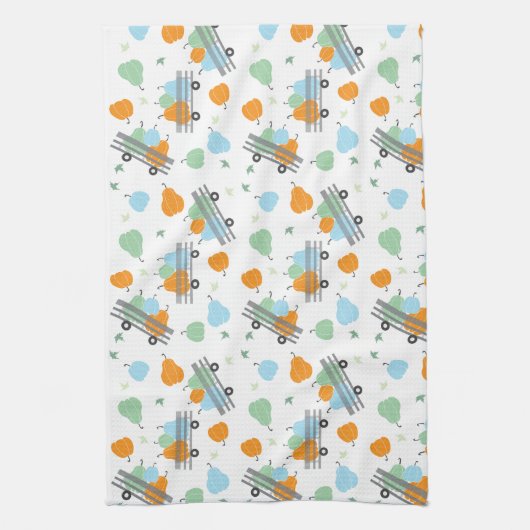ワゴン柄のカボチャ青オレンジ キッチンタオル (縦)