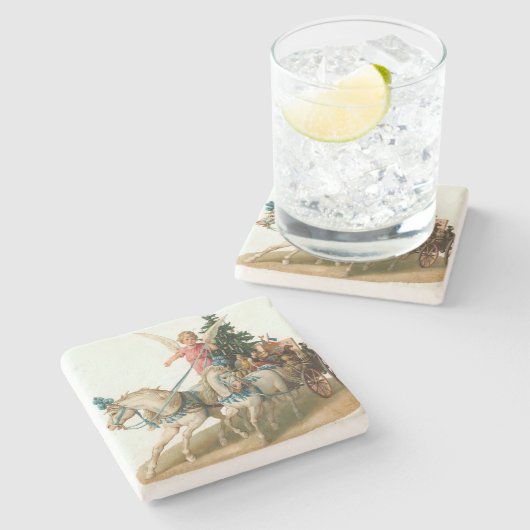 ワゴン車に積まれたクリスマスシンボルの天使 ストーンコースター (横)