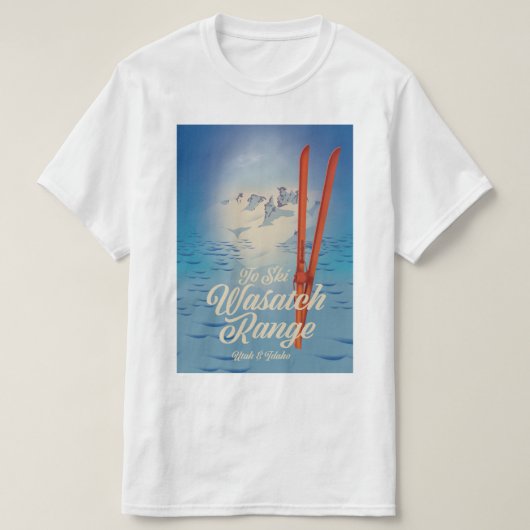 ワサッチ山脈 ユタ & アイダホ スキーポスター Tシャツ (デザイン正面)