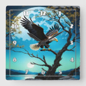 ワシが満月の下の木の枝に止まった スクエア壁時計 (正面)