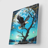 ワシが満月の下の木の枝に止まった スクエア壁時計 (傾斜)