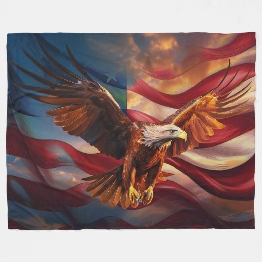 ワシに守られた愛国的なアメリカはっきりした国旗 フリースブランケット (正面(横))