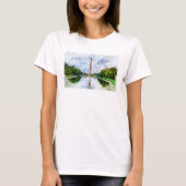 ワシントンモニュメントの水彩画とその反射 Tシャツ (正面)