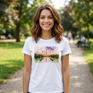 ワシントンモニュメント 水彩画 日没のリフレクション Tシャツ