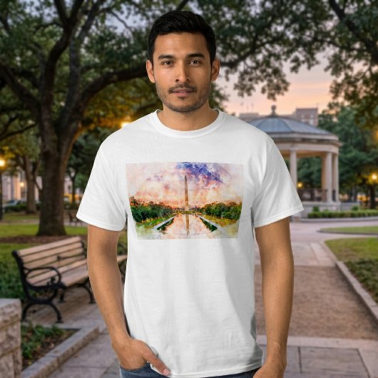 ワシントンモニュメント 水彩画 日没のリフレクション Tシャツ