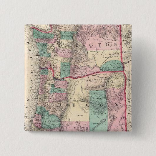 ワシントン州およびオレゴン(1875年)のヴィンテージの地図 缶バッジ (正面)