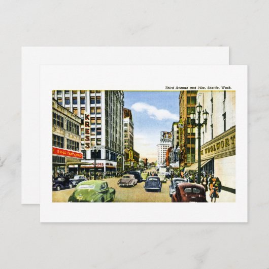 ワシントン州シアトル、サードアベニューとパイク ポストカード (正面/裏面)