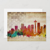 ワシントン州シアトル |水彩都市スカイライン ポストカード (正面/裏面)