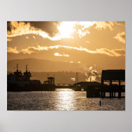 ワシントン州フェリーの夕焼け写真 ポスター