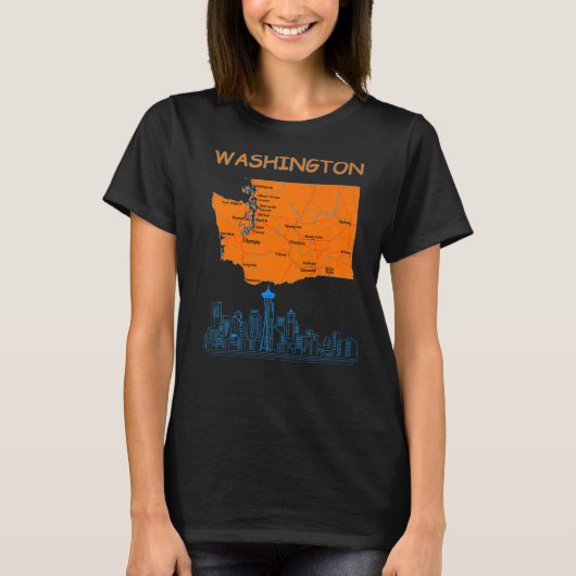 ワシントン州専攻のマップシティシティスカイライン Tシャツ (正面)