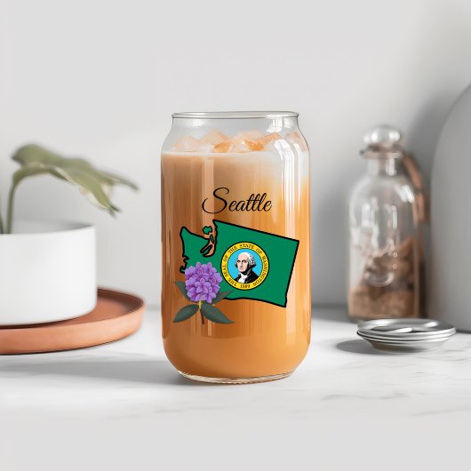 ワシントン州旗とフラワーパシフィックロードデンドロン ガラス缶