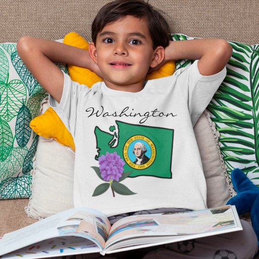 ワシントン州旗とフラワーパシフィックロードデンドロン Tシャツ