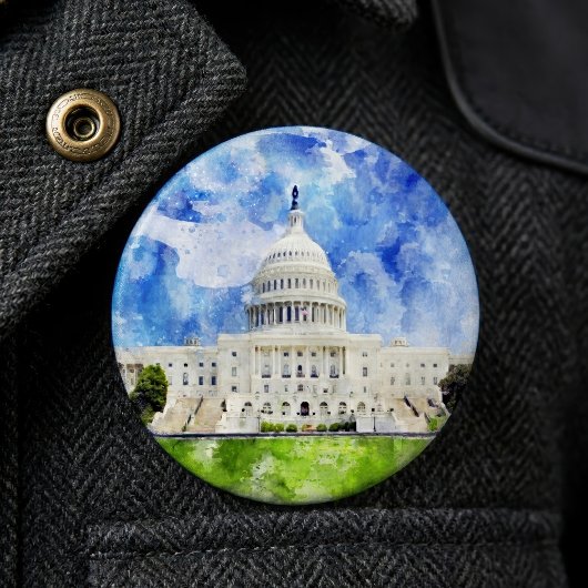 ワシントンD.C.のアメリカ合衆国議会議事堂の水彩画 缶バッジ