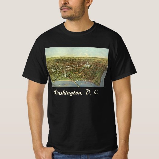 ワシントンD.C.のパノラマビューが描かれたアンティーク風地図 Tシャツ (正面)