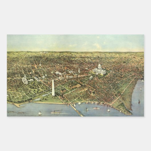 ワシントンD.C.のパノラマビュー アンティーク地図 長方形シール (正面)