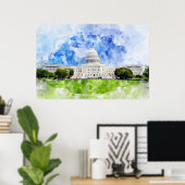 ワシントンD.C.の米国議会議事堂の水彩画 ポスター (ホームオフィス)