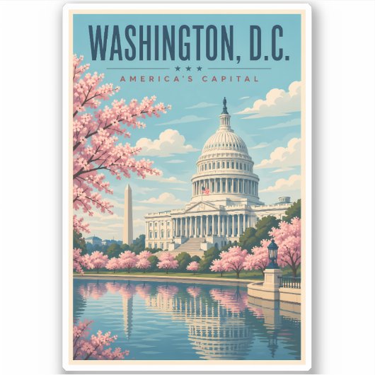 ワシントンD.C. 桜のイラスト 旅行 シール (正面)