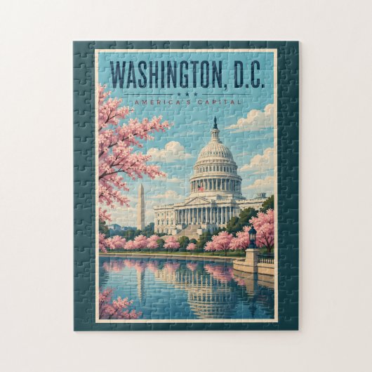 ワシントンD.C. 桜のイラスト 旅行 ジグソーパズル (縦)